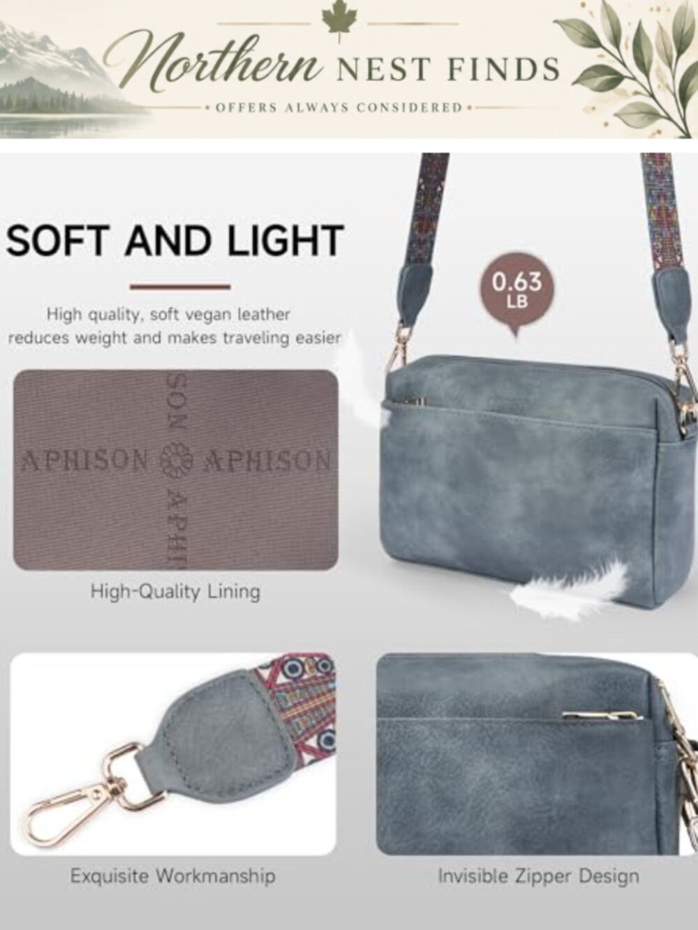 APHISON Small Crossbody Bag Women Vegan Leather Triple Zip Purse - Picture 3 of 6